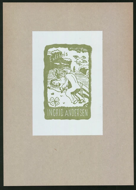 Exlibris Ingrid Andersen, muslimischer Mann hilft einem nackten Mann auf dem Fe