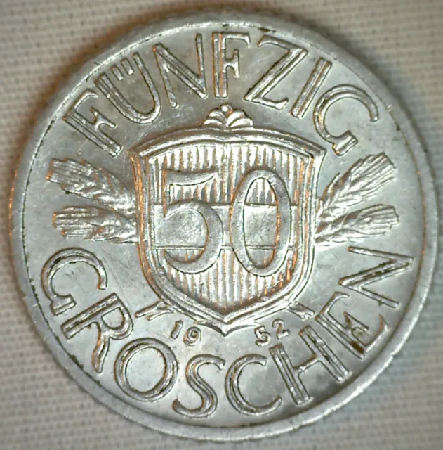1952 Austria 50 Groschen Aluminum Coin  BU/Uncirculated Imperial Eagle Shield
