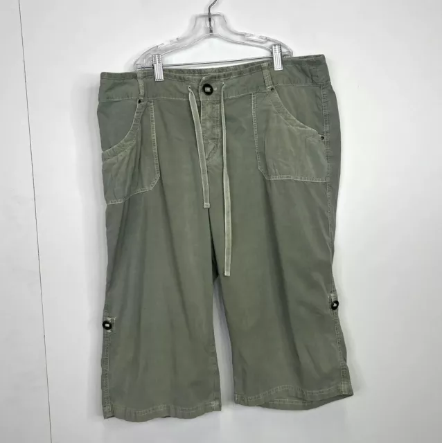 Fresh Produce Shorts Khaki Green Stretch Pockets Roll Tab Leg Womens Size Large