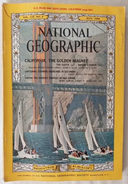 NATIONAL GEOGRAPHIC MAGAZINE May 1966, California Colombia Abu Simbel Egyptology