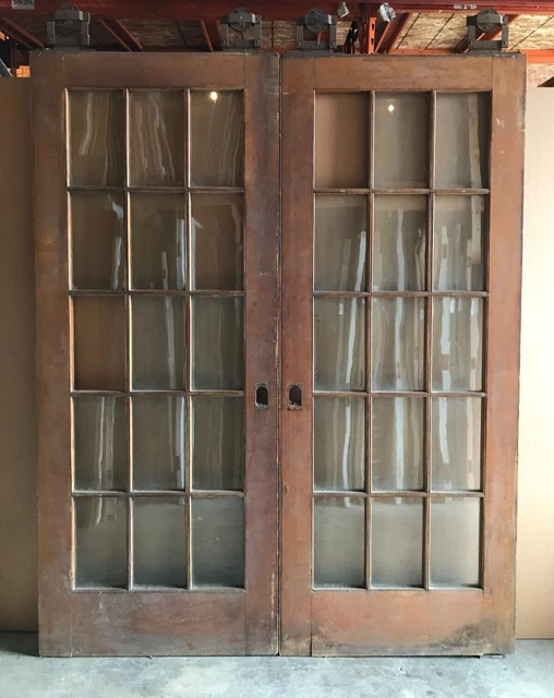Antique Pair 15 Lite Wood 37x90 French Pocket Doors Room Divider Old VTG 239-23B 13