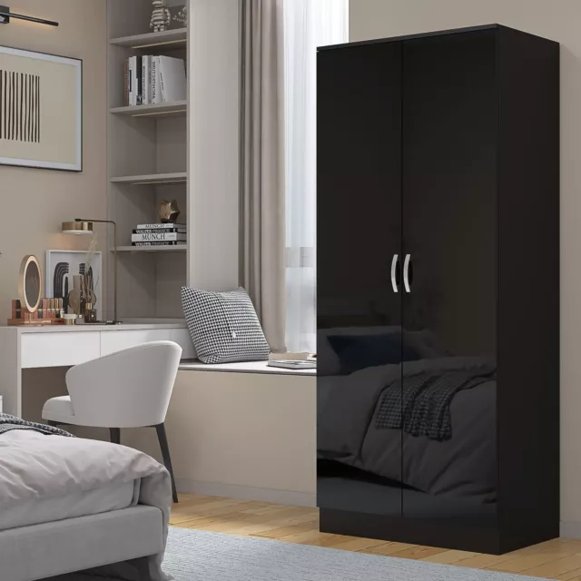 High Gloss 2 Door Wardrobe With Hanging Rail Bedroom Furniture Storage Modern