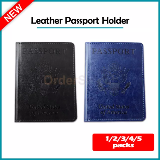 Leather Passport Vaccine Card RFID Passport Holder Travel Wallet Case BLACK/BLUE