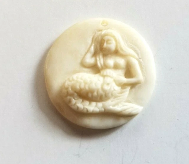 Mermaid Siren Carved Buffalo Bone Carved Round Bead Medallion hole for Pendant