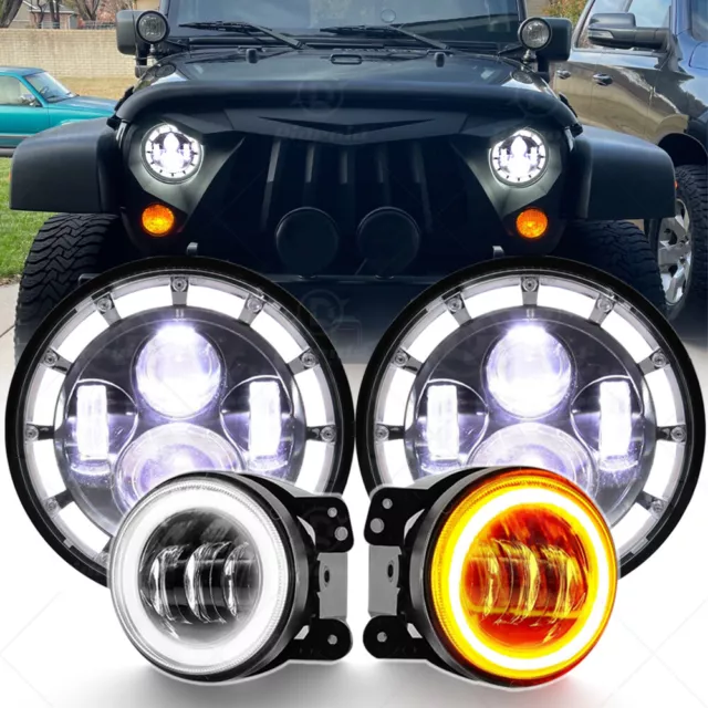 7" Inch LED Headlights Halo DRL + 4" Fog Lights For Jeep Wrangler JK TJ 1997-18