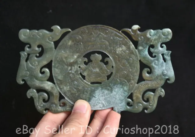 6" Old Chinese Hongshan culture Hetian Jade Carved Double Dragon Beast Yu Bi