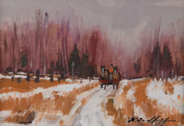 Ross Huggins Oil Painting Winter Landscape Horse and Cart Ontario Canadian