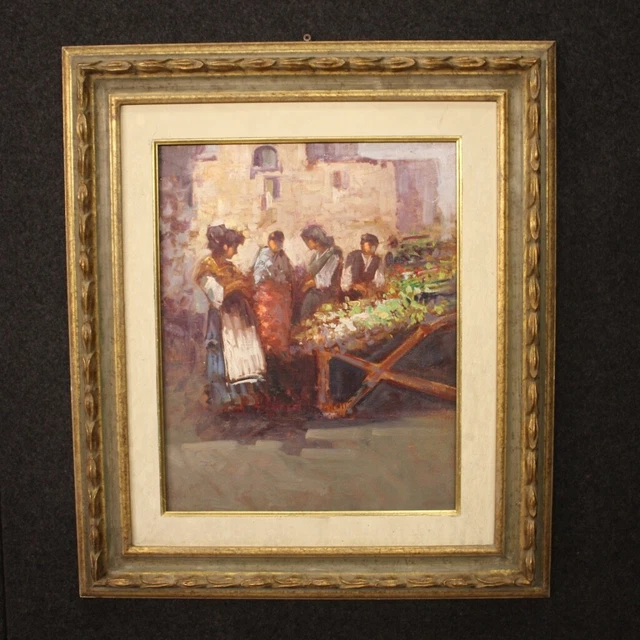 Cuadro oleo sobre panel pintura estilo antiguo escena popular personajes 900