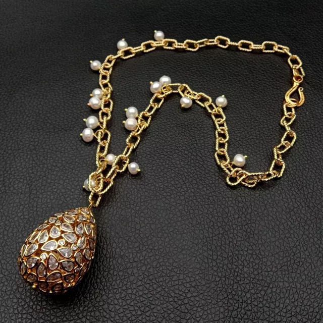19'' White Pearl Yellow Gold Plated Chain Necklace CZ Pave Teardrop Pendant