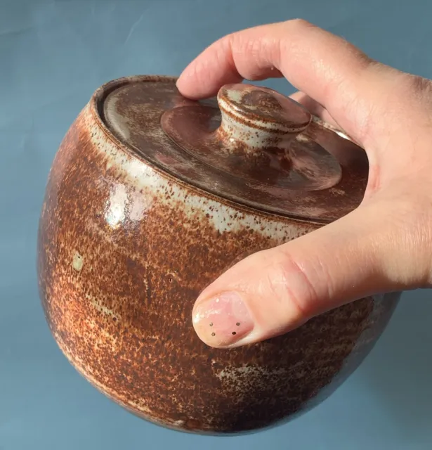 vintage studio Hand Thrown pottery brown pot & lid makers mark drip glazed (e)