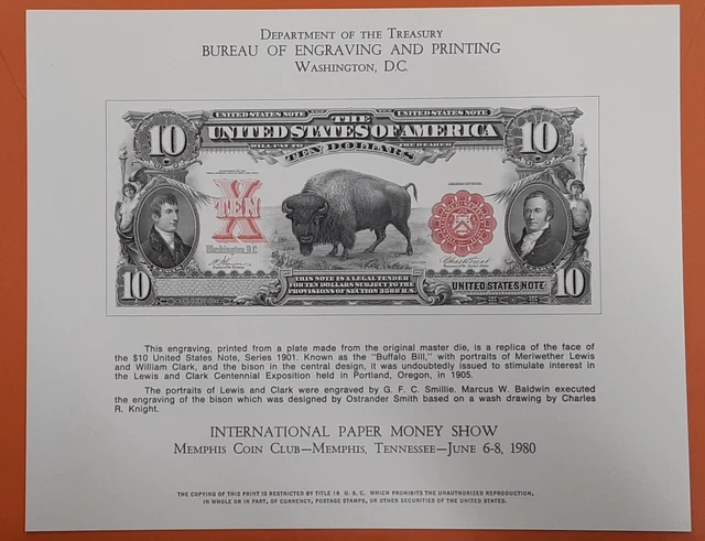 BEP Souvenir Card 1980 IPMS Front 1901 $10 Legal Tender Note "Bison"  B-47