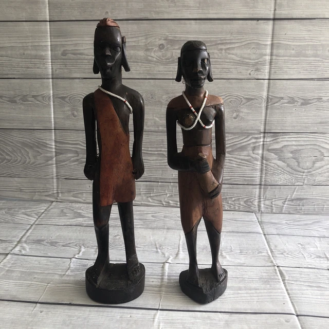 African Wooden figures Kenyan Maasai Warrior Male & Female pair
