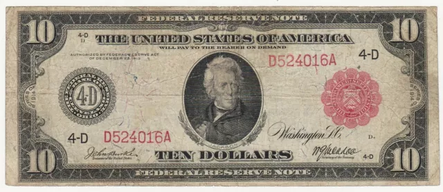 Large size note 1914 FRN $10 RED SEAL ten dollar bill F-895B nice shape