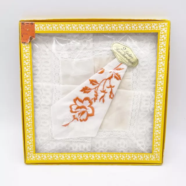 Lote de 2 pañuelos vintage para damas y mujeres de encaje de algodón floral blanco naranja