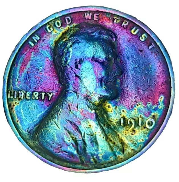 1910 Lincoln Wheat Cent Penny Rainbow Toned Abe Unc Bu US Coin VF XF Beauty