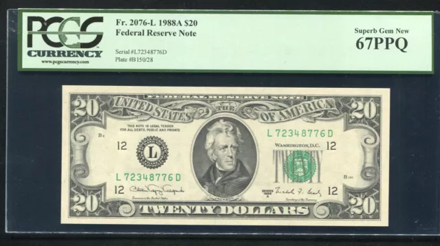 Fr. 2076-L 1988-A $20 Federal Reserve Note San Francisco, Ca Pcgs Gem Unc-67Ppq