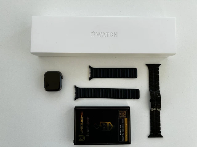 Apple Watch Series 8 45mm Edelstahl mit Leder Armband - Graphit - GPS + Cellular