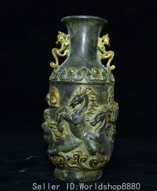 8.8"Old China Qianlong Marked Bronze Gilt Fengshui Horse Pair Dragon Handle Vase