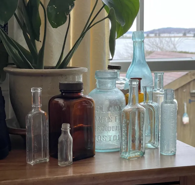 Lot Of 12 Antique Vintage Aqua, Blue, Amber Brown Glass Bottles~Medicinal & More