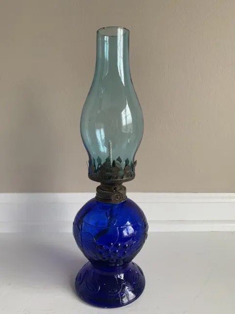 Vintage Cobalt Blue Glass Oil Lamp Embossed W/Fruit 12”