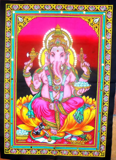 THANGKA Tuch Wandbehang Ganesha GANESH Indien Baumwolle XL 75 x 55 cm Glitzer