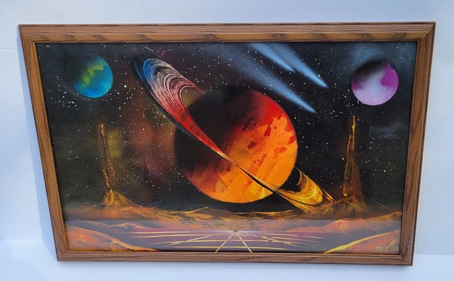 Framed Sci Fi Space Spray Paint Painting With Planets & Stars 23 1/2" x 15 1/2"
