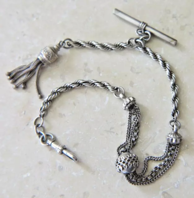 Ornate Antique Silver Albertina Pocket Watch Chain with T Bar and Tassel