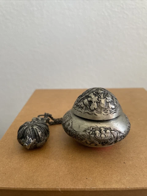 Antique Burmese Betel Nut Box Silver Repousse Floral and Zodiac Design