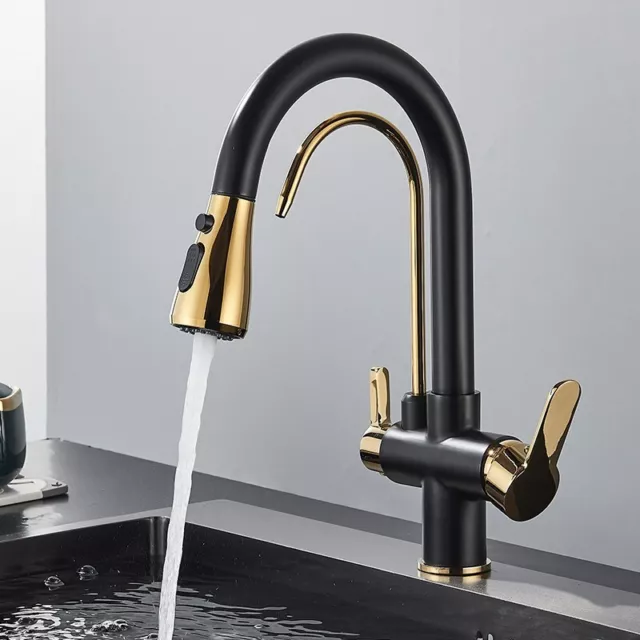 3-Way Kitchen Mixer Tap Pure Water Filter Pull Out Dual Spout Spray Swivel Black