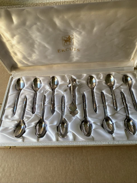 Lot De 12 Petites Cuillères à Moka Et Pince à Sucre - Argent Massif Anglais H&H 128g