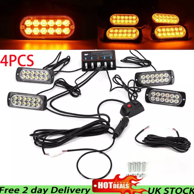 4x 12 LED Amber Car Recovery Strobe Flashing Light Breakdown Grill Beacon 12V