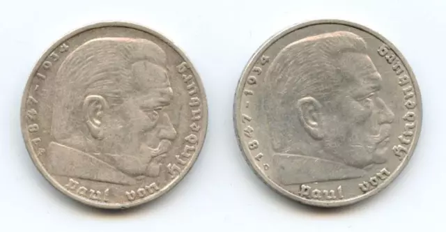 Germany 1935-D & 1935-F 0.900 Silver Hindenburg, Third Reich 5 Mark Coins