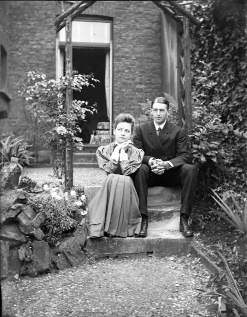 Glass Plate Negative c. 1900 - Portrait of Man & Woman in Garden - UK