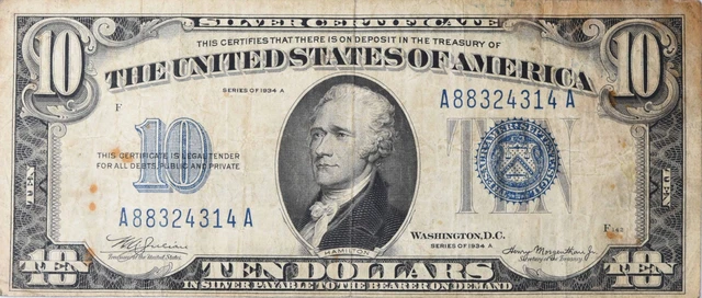 1934A $10 Silver Certificate FR1702 Net F Uncertified