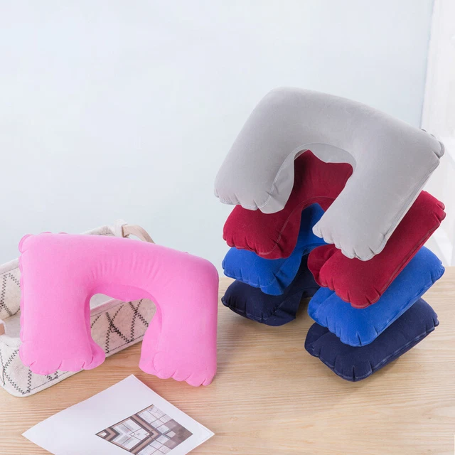 1X Portable Inflatable Flight Pillow Neck U Rest Air Cushion PVC Flocking Pillow