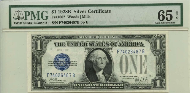 1928B $1 Silver Certificate Blue Seal Fr# 1602 PMG Gem65 EPQ