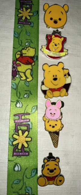 Winnie the Pooh Lanyard Set With 5 Disney Park Trading Pins - NEW USA
