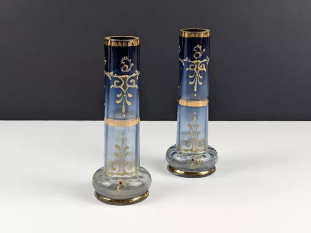 Pair of 19th Century Bohemian Jewelled Blue Glass Vases, Early Loetz?