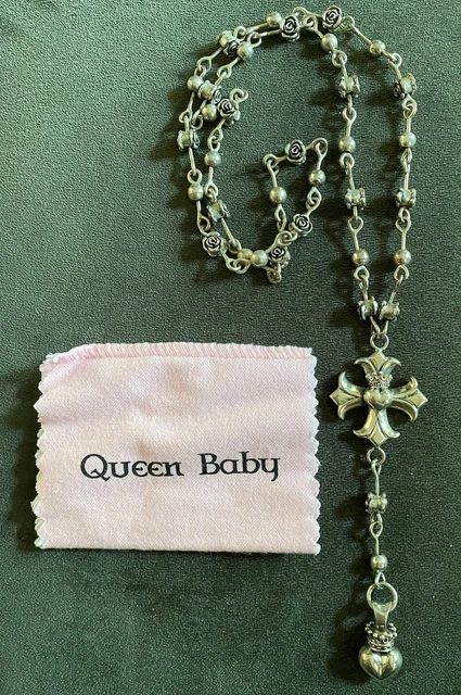 King Queen Baby Maltese Cross Heart Crowned Rose Sterling Silver Rosary Necklace