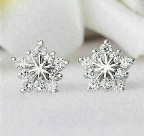 2 Ct Round Cut Simulated Diamond SNOWFLAKE Stud Earrings 14K White Gold Plated