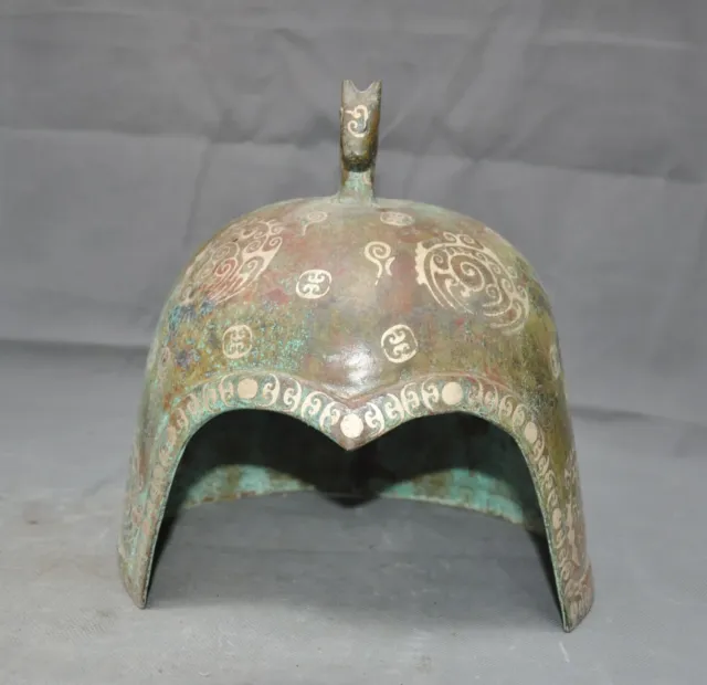 9.6"Chinese Bronze Ware silver text beast General Soldier armor helmet hat cap