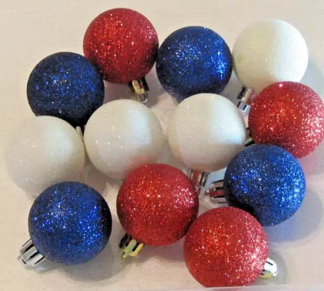 Red White and Blue July 4th Balls Ornaments 40mm 1.5" Non Shatter Glitter 12pcs