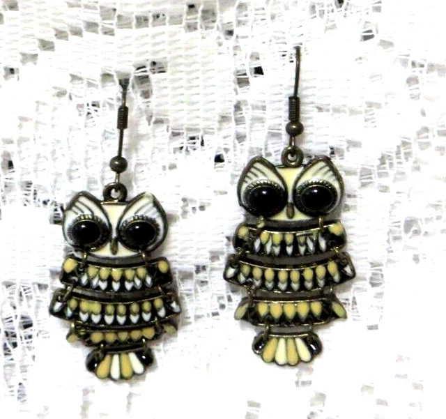 VINTAGE 1980s ENAMEL OWL EARRINGS WATERFALL MOVEMENT PIERCED EARS - GORGEOUS