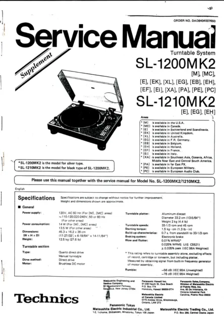 Technics SL-1200MK2 / SL1210MK2 Technics Full Service Manual