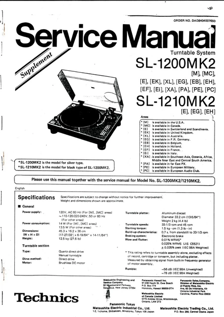 Technics SL-1200MK2 / SL1210MK2 Technics Full Service Manual
