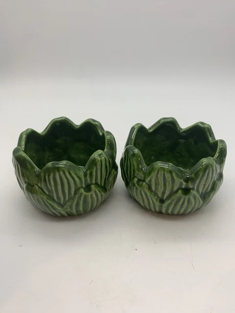 Vintage Green Leaf Ceramic Ramekins Set of 2 Trinket Dish Votive Candle