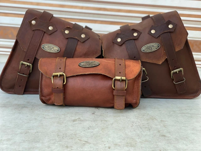 Pochette Latérale Moto En Cuir Marron - Style Sac Rond - Neuf (fait Main En Inde)