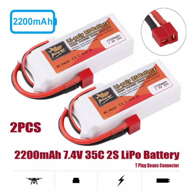 2 x 2200mAh 7.4V 35C 2S LiPo Battery T Plug Deans Connector for RC Car Airplane