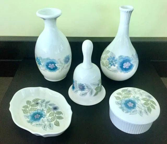 Vintage Wedgwood Clementine China - 2 Vases, Bell, Trinket Pot, Dish 1970's
