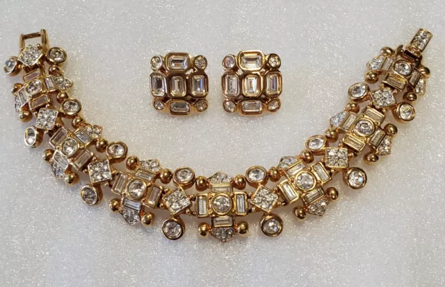 Swarovski Swan Signed Gold Tone Crystal Bracelet w/Matching Clip Earrings #872